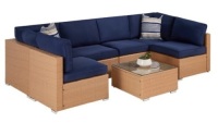 7-Piece Modular Wicker Sectional Conversation Set w/ 2 Pillows, Cover, Natural/Navy