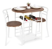 3-Piece Wooden Table & Chairs Dining Set w/ Lower Storage Shelf, White/Brown