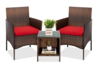 3-Piece Outdoor Patio Wicker Bistro Set w/ Side Storage Table, Brown/Red