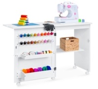Folding Sewing Table Multipurpose Craft Station & Side Table w/ Wheels, White