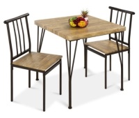 3-Piece Metal Wood Square Dining Table Furniture Set w/ 2 Chairs - Brown