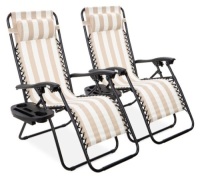 Set of 2 Adjustable Zero Gravity Patio Chair Recliners w/ Cup Holders, Tan Striped