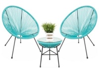 3-Piece All-Weather Patio Acapulco Bistro Set w/ Rope, Glass Top Table, Light Blue