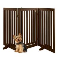 31.5in 3-Panel Freestanding Wooden Pet Gate w/ Door, Support Feet