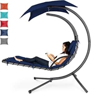 Hanging Curved Chaise Lounge Chair w/ Built-In Pillow, Removable Canopy