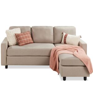 Linen Sectional Sofa Couch w/ Chaise Lounge, Reversible Ottoman Bench