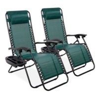 Set of 2 Adjustable Zero Gravity Patio Chair Recliners w/ Cup Holders, Forest Green