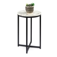 Round Coffee Side Table w/ Faux Marble Top, Metal Frame,&nbsp;16in, Matte Black
