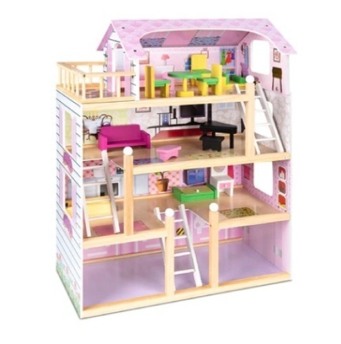 4-Level Kids Wooden Dollhouse w/ 13 Furniture Accessories