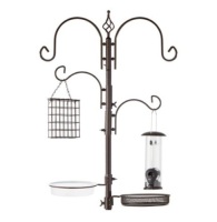4-Hook Bird Feeding Station, Steel Feeder Stand w/ 2 Bird Feeders, 91in, Bronze
