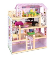 4-Level Kids Wooden Dollhouse w/ 13 Furniture Accessories
