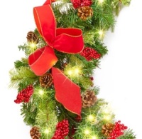 Pre-Lit Garland, Battery Powered w/ 100 Lights, 180 Tips, Pine Cones - 9ft