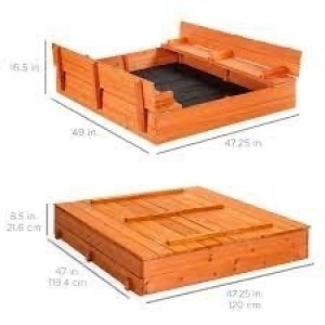 Kids Cedar Sandbox w/ Sand Screen, 2 Benches - 47x47in