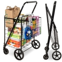 Folding Steel Grocery Cart w/ Double Basket, Swivel Wheels, 220lb Cap, E-Commerce Return/Appears New