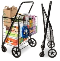 Folding Steel Grocery Cart w/ Double Basket, Swivel Wheels, 220lb Cap
