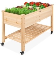 Mobile Raised Garden Bed Elevated Wood Planter w/ Wheels, Storage Shelf