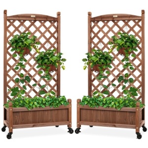 Set of 2 Wood Planter Box & Lattice Trellis w/ Optional Wheels - 48in 