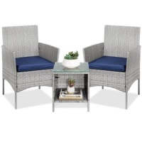 3-Piece Outdoor Patio Wicker Bistro Set w/ Side Storage Table&nbsp;
