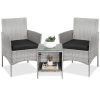 3-Piece Outdoor Patio Wicker Bistro Set w/ Side Storage Table&nbsp;