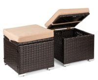 Set of 2 Wicker Ottomans, Multipurpose w/ Removable Cushions, Steel Frame, Brown/Beige