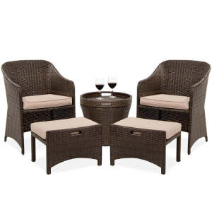 5-Piece Outdoor Wicker Bistro Set w/ Side Storage Table, No Assembly