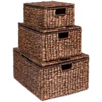 Set of 3 Large Hyacinth Storage Baskets w/ Handles, Lid - 21", 20", 18"