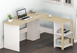 SHW L-Shaped Home Office Corner Desk Wood Top, Oak/White - Appears New  