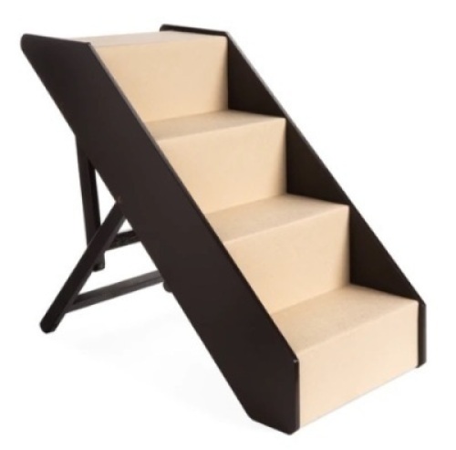 4 Steps, Non-Slip, Wide Wooden Carpeted Pet Stairs, Foldable & Adjustable