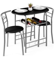 3-Piece Wooden Table & Chairs Dining Set w/ Lower Storage Shelf, Black/Silver