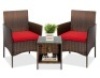 3-Piece Outdoor Patio Wicker Bistro Set w/ Side Storage Table, Brown/Red