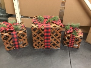 Set of 3 Decorative Woven Boxes with Plaid Ribbon - Appear New 