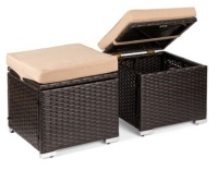 Set of 2 Wicker Ottomans, Multipurpose w/ Removable Cushions, Steel Frame, Brown/Beige