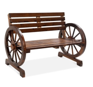 2-Person Rustic Wooden Wagon Wheel Bench w/ Slatted Seat and Backrest,E-COMMERCE RETURN