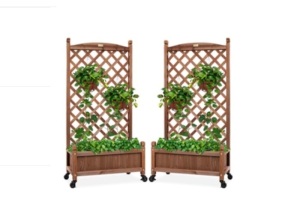 Set of 2 Wood Planter Box & Lattice Trellis w/ Optional Wheels - 48in,APPEARS NEW 