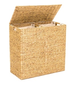 Extra Large Water Hyacinth Double Laundry Hamper Basket w/ 2 Liner Bags,E-COMMERCE RETURN