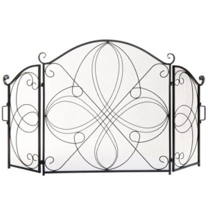 3-Panel Wrought Iron Metal Fireplace Screen Cover w/ Scroll Design - 55x33in 