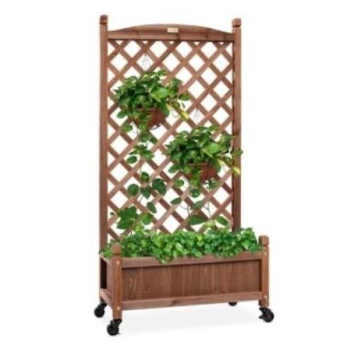 Wood Planter Box & Lattice Trellis w/ Drainage, Optional Wheels, 60in