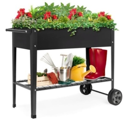 Elevated Metal Garden Bed for Backyard w/ Wheels, Shelf