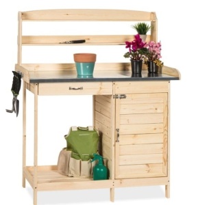 Garden Wooden Potting Bench w/ Metal Table Top - Natural,E-COMMERCE RETURN