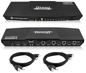 Lot of (1) New TESmart 4-Port HDMI KVM Switch with 2 Pcs 5ft KVM Cables 3840x2160@60Hz 4:4:4 UHD Supports L/R Audio Output and USB 2.0 Device Control