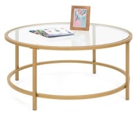 Round Tempered Glass Coffee Table w/ Steel Frame - 36in, Gold