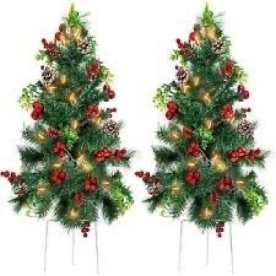 Set of 2 Pre-Lit Pathway Christmas Trees w/ Pine Cones, Timer - 24.5in