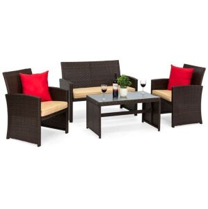 4-Piece Outdoor Wicker Conversation Patio Set w/ 4 Seats, Glass Table Top