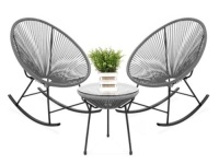 3-Piece Patio Woven Rope Acapulco Rocking Chair Bistro Set, Gray