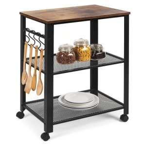 3-Tier Microwave Cart Rolling Utility Serving Cart w/ 2 Shelves, 4 Hooks 