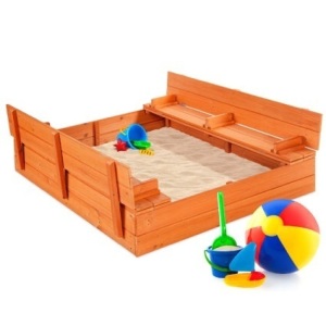 Kids Cedar Sandbox w/ Sand Screen, 2 Benches - 47x47in 