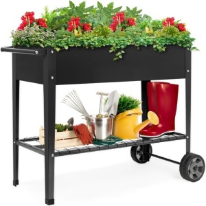 Elevated Metal Garden Bed for Backyard w/ Wheels, Shelf 