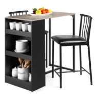 3-Piece Counter Height Kitchen Dining Table Set w/ Storage Shelves, Gray