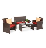 4-Piece Outdoor Wicker Conversation Patio Set w/ 4 Seats, Glass Table Top, Brown/Red