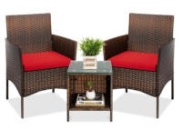 3-Piece Outdoor Patio Wicker Bistro Set w/ Side Storage Table, Brown/Red